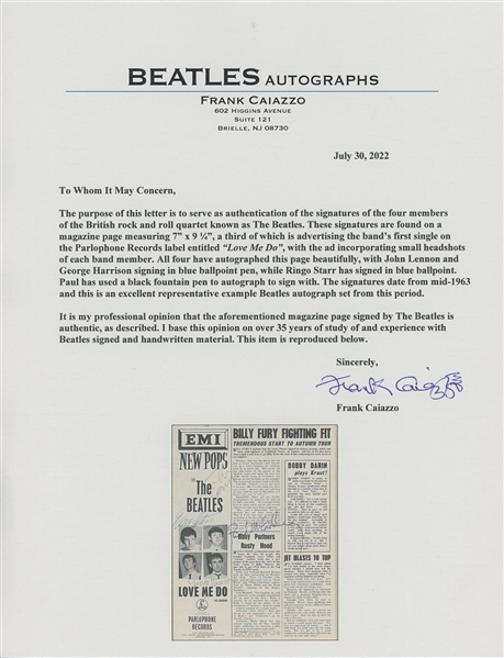 Beatles Group Signed Magazine Page in Framed Display (4 Sigs) (Frank Caiazzo LOA)
