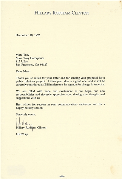 Hillary Clinton Typed Letter Signed (Beckett/BAS LOA)
