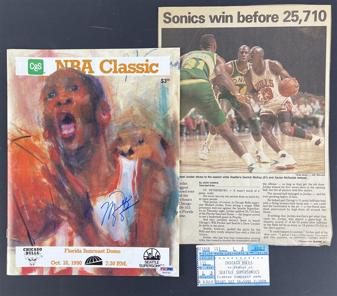 Michael Jordan Signed 1990 NBA Classic Game Program with Original Ticket Stub & Articles (Beckett/BAS & PSA/DNA LOA)