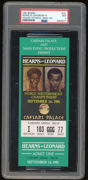Hearns VS. Sugar Ray Leonard 1981 Full Boxing Ticket Green Variant : PSA Graded Mint 9!