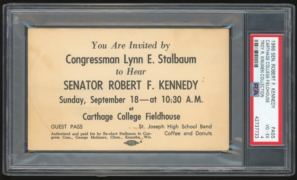 1966 Senator Robert F. Kennedy Speech Guest Pass (PSA/DNA Encapsulated)