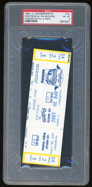 1992 Dodgers Full Game Ticket :: Delayed Due to LA Riots! (PSA/DNA)