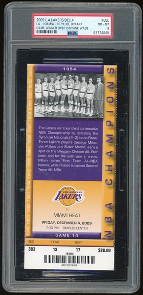 2009 Lakers Full Ticket :: Kobe Game Winner Over Dwyane Wade :: PSA NM-MT 8 (PSA/DNA)