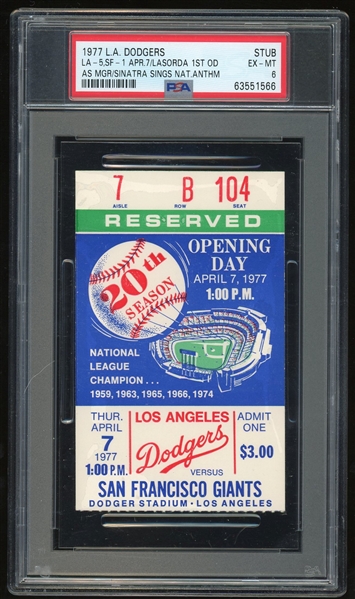1977 Dodgers Opening Day Ticket:: Sinatras National Anthem & Lasorda 1st OD (PSA/DNA)