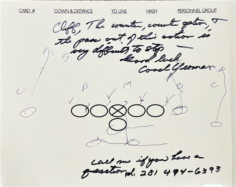 Bill Yeoman Hand Drawn & Signed Football Play (Beckett/BAS)
