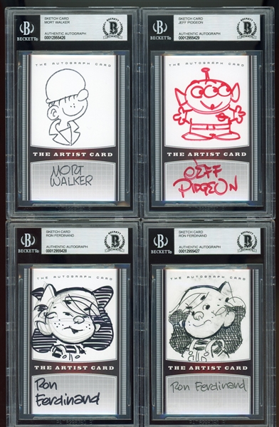 Lot of Four (4) Artist Cards w/ Mort Walker, Jeff Pidgeon, & Ron Ferdinand (Beckett/BAS Encapsulated)
