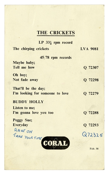 Buddy Holly & The Crickets Signed Coral Records Promotional Card - Signed at The Group's First Ever UK Performance! (Tracks UK & Epperson/REAL LOAs)