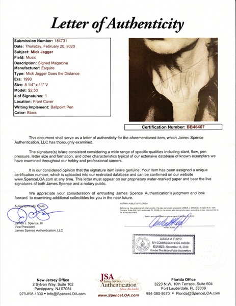 Rolling Stones: Mick Jagger Signed ESQUIRE Magazine (JSA Authentication) 