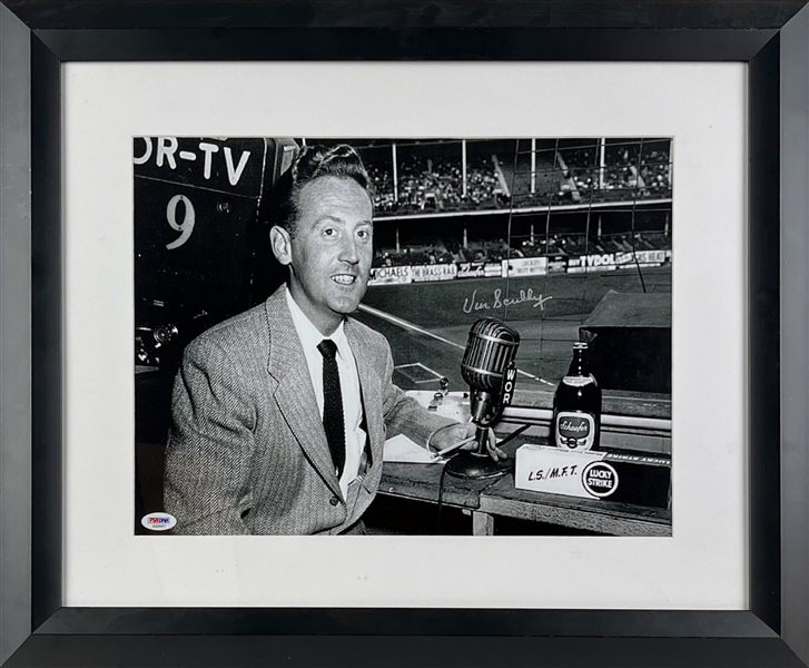 Vin Scully Signed Black & White Photograph in Custom Display (PSA/DNA Sticker)