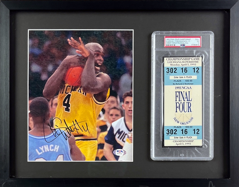 Chris Webber Signed Photo w/ Full 1994 Timeout Game Ticket in Framed Display (PSA/DNA)