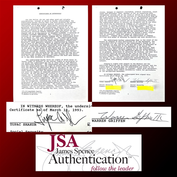 Tupac Shakur & Warren G RARE Dual Signed Document Lending Definition Of A Thug Ni**a for The Poetic Justice Soundtrack! (JSA LOA)