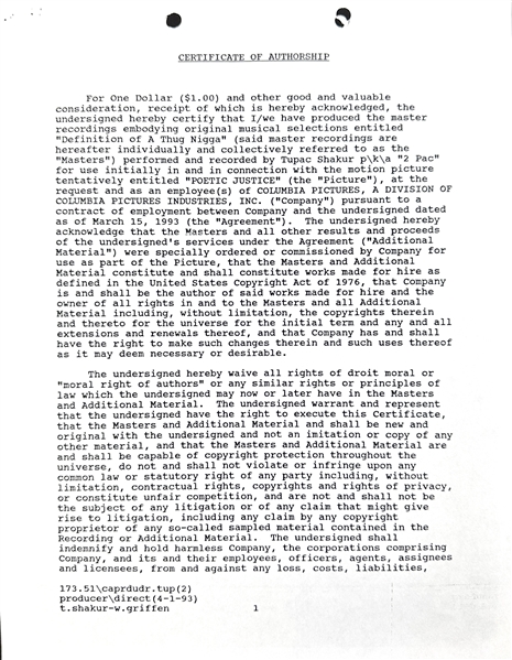 Tupac Shakur & Warren G RARE Dual Signed Document Lending Definition Of A Thug Ni**a for The Poetic Justice Soundtrack! (JSA LOA)