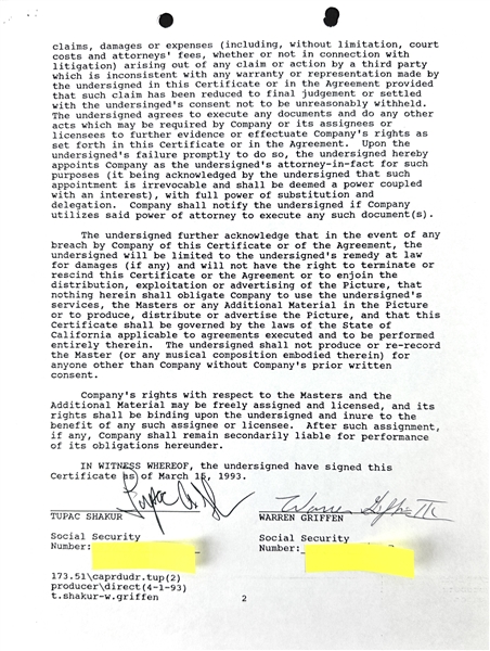 Tupac Shakur & Warren G RARE Dual Signed Document Lending Definition Of A Thug Ni**a for The Poetic Justice Soundtrack! (JSA LOA)