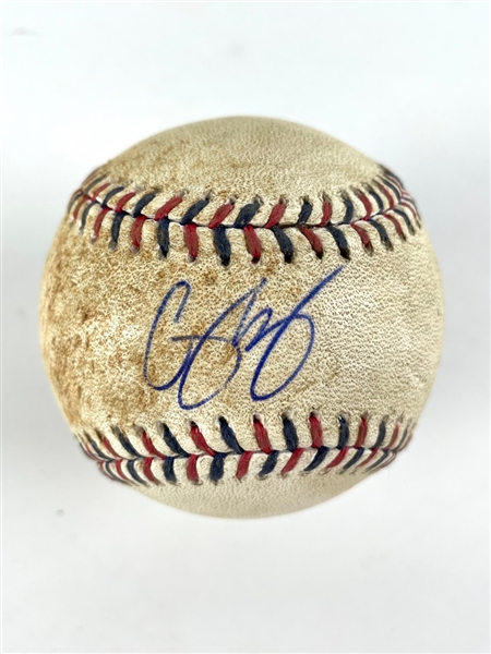 Corey Seager Game Used & Signed OML Baseball :: Seager at Bat (7-4-2017 LAD vs ARI)(MLB Holo & PSA/DNA)