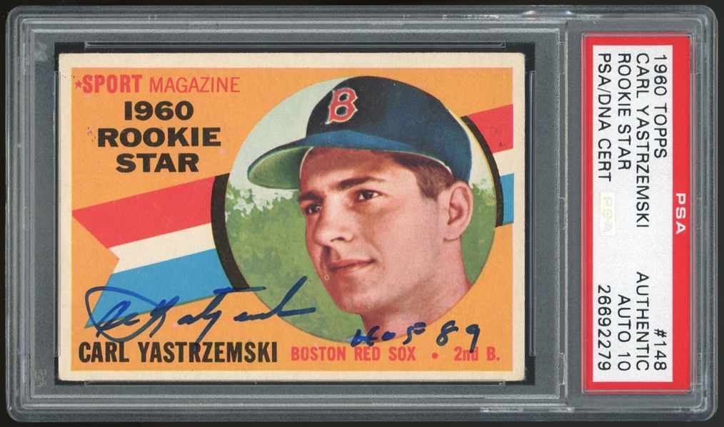 Carl Yastrzemski Signed & Inscribed 1960 Topps Rookie Card #148 w/ Auto Grade Gem Mint 10! (PSA/DNA)