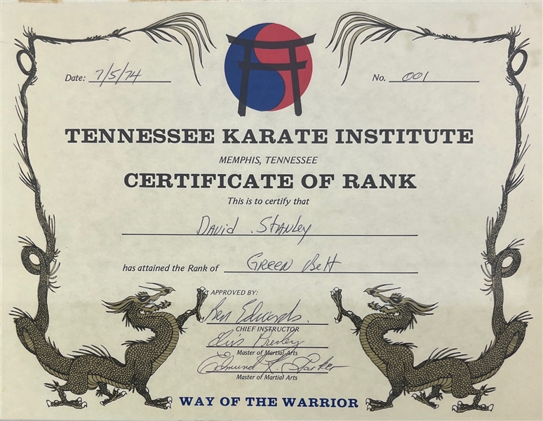 Elvis Presley Signed 1974 Tennessee Karate Institute Rank Certificate - Elvis' First Signed Karate Certificate! (Third Party Guaranteed)