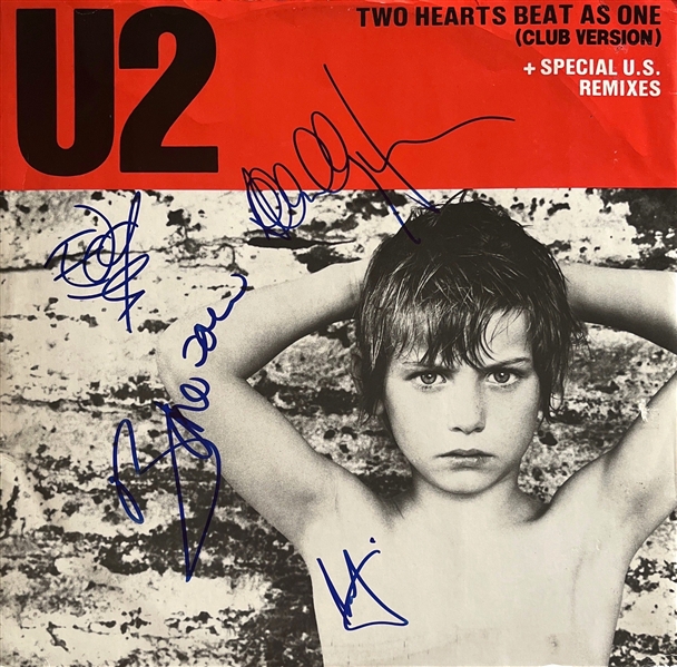 U2: Group Signed Two Hearts Beat As One Album Cover w/ Vinyl (4 Sigs)(Epperson LOA)