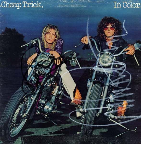 Cheap Trick: Group Signed In Color and in Black and White Album Cover w/ Vinyl (4 Sigs)(ACOA)