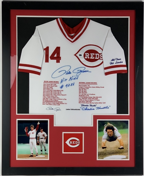 Pete Rose Signed & Inscribed Reds Ltd. Ed. Stat Embroidered Jersey in Professional Framing (Pete Rose Holo)