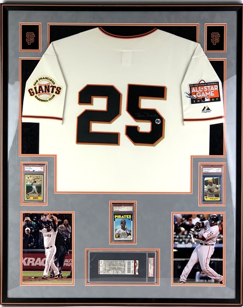 Barry Bonds Signed Jersey w/ 3 Trading Cards inc. Topps & Fleer & 600th HR Ticket in Custom Display (PSA/Bonds Holo)