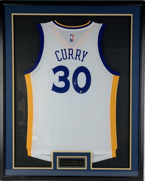 Stephen Curry Signed Golden State Warriors Jersey in Framed Display (Fanatics Holo)