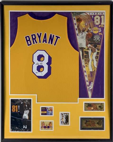 Kobe Bryant Signed Los Angeles Lakers Jersey w/ Trading Card Trio & Commemorative Gold Foil Bills (Beckett/BAS)