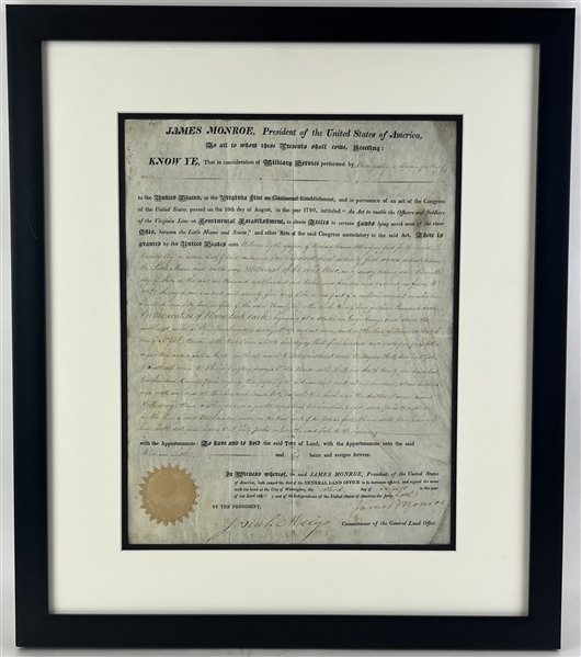 James Monroe Signed 1820 Presidential Land Grant (Third Party Guaranteed) 