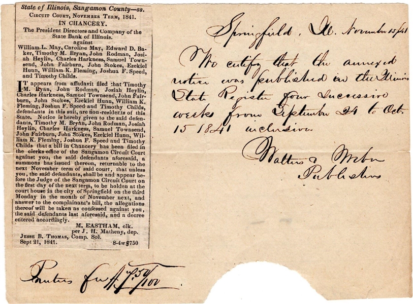 Abraham Lincoln & Stephen Douglas Dual-Signed Legal Archive 34 Pages! 1838 Early Prelude To Debates (Third Party Guaranteed)