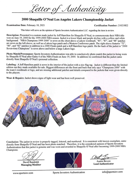 Shaquille O'Neal Personally Owned & Worn 1999-2000 LA Lakers Championship Leather Jacket - PHOTO MATCHED & Letter from Shaq (Sports Investors & Beckett/BAS)