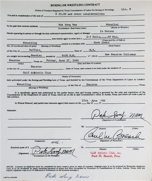 Wrestling All-Stars Signed 1980s Contracts with RARE Andre The Giant Contract - Andre Signs His Legal Name! (Beckett/BAS LOA)