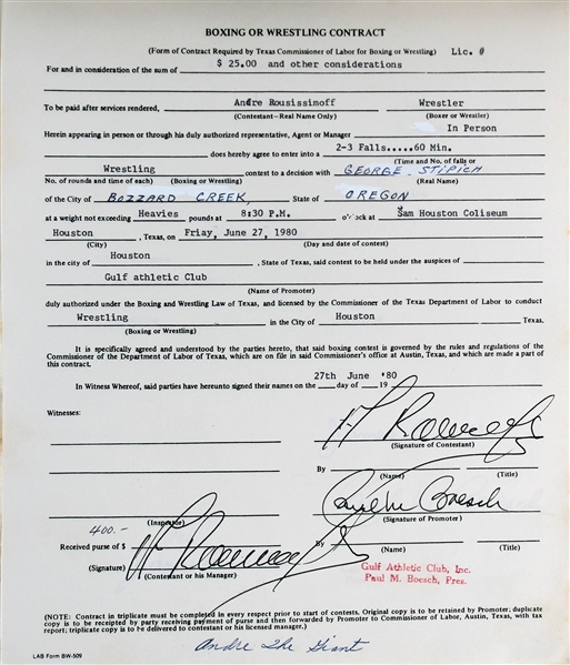 Wrestling All-Stars Signed 1980s Contracts with RARE Andre The Giant Contract - Andre Signs His Legal Name! (Beckett/BAS LOA)