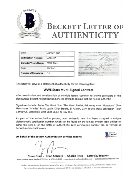 Wrestling All-Stars Signed 1980s Contracts with RARE Andre The Giant Contract - Andre Signs His Legal Name! (Beckett/BAS LOA)
