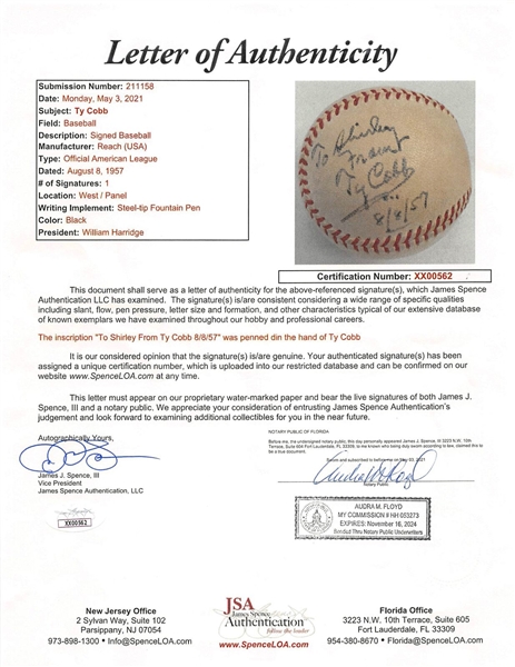Ty Cobb Impressive Single Signed & Inscribed OAL Baseball (JSA LOA)