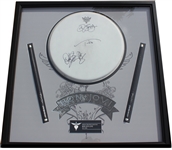 Bon Jovi 2001 Tour-Used & Group Signed Drum Head and Sticks Display (ACOA Authentication)