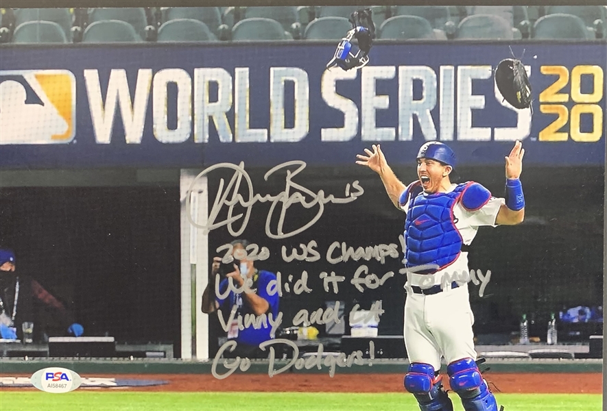 Austin Barnes Signed 8" x 12" Photo with 2020 World Series & Vin Scully Tribute Inscriptions (PSA COA)