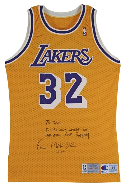 Magic Johnson 1992-93 Lakers Team Issued Jersey with Amazing Inscription to Shaquille O'Neal - From Shaq's Personal Collection! (BAS COA & Shaq LOA)