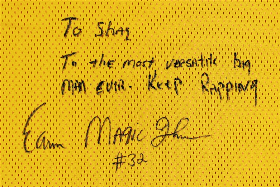 Magic Johnson 1992-93 Lakers Team Issued Jersey with Amazing Inscription to Shaquille O'Neal - From Shaq's Personal Collection! (BAS COA & Shaq LOA)