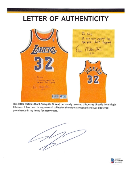 Magic Johnson 1992-93 Lakers Team Issued Jersey with Amazing Inscription to Shaquille O'Neal - From Shaq's Personal Collection! (BAS COA & Shaq LOA)