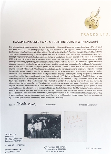 Led Zeppelin ULTRA RARE Group Signed 8 x 10 from 1977 U.S. Tour - Their Final American Tour! (Tracks UK LOA, Epperson/REAL LOA & Letter of Provenance)
