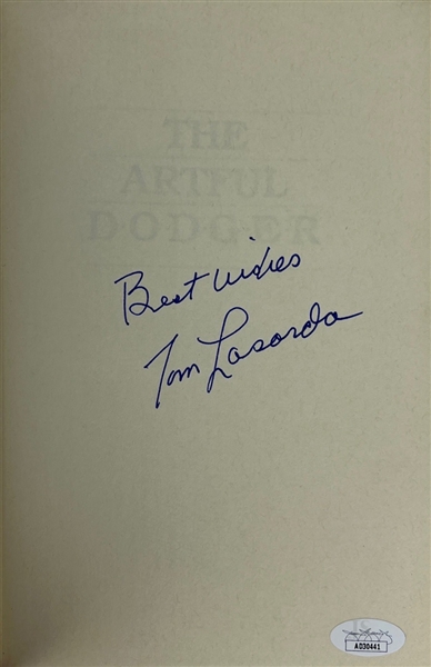 Lot of 2: Tommy Lasorda Signed Book & 1999 Game Used Baseball Pants (JSA/Dodgers)