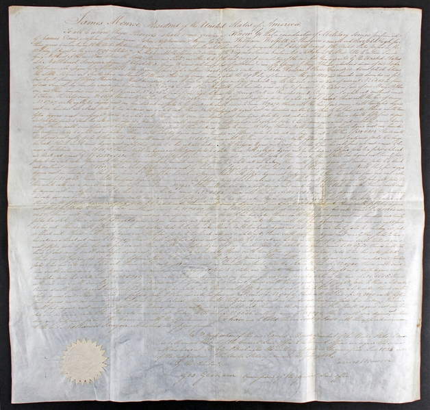 President James Monroe Signed 1824 Presidential Land Grant (Beckett/BAS LOA)
