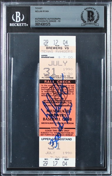 Nolan Ryan Signed 300th Career Win Game Ticket with "300th Win" Inscription & GEM MINT 10 Auto (Beckett/BAS Encapsulated)