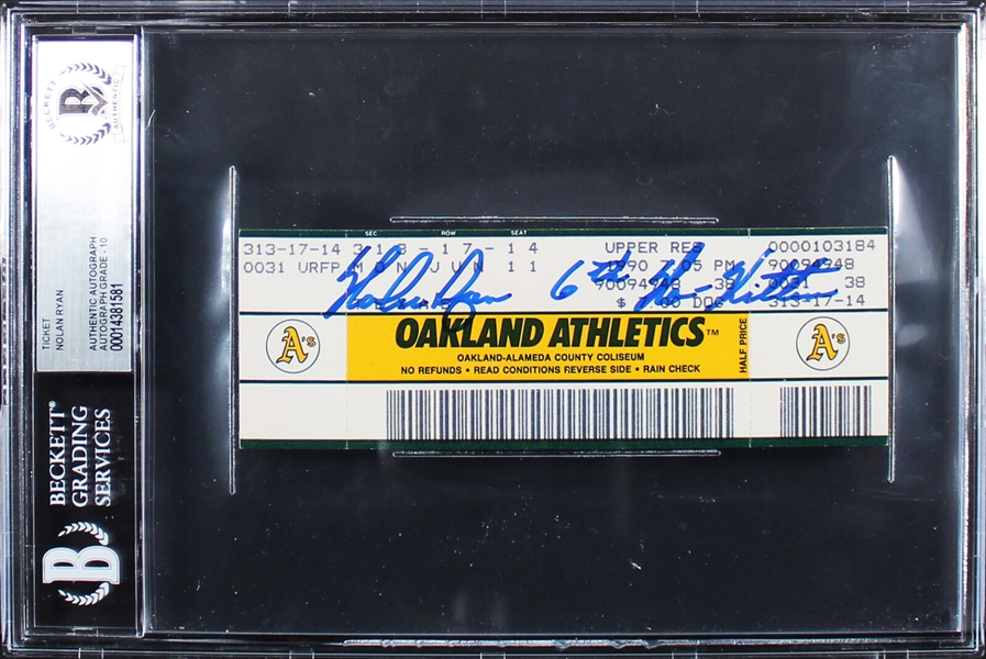 Nolan Ryan Signed 6th No-Hitter Game Ticket with "6th No-Hitter" Inscription & GEM MINT 10 Auto (Beckett/BAS Encapsulated)