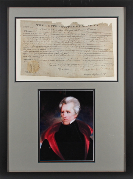 Andrew Jackson Signed Presidential Land Grant in Custom Framed Display (JSA LOA)