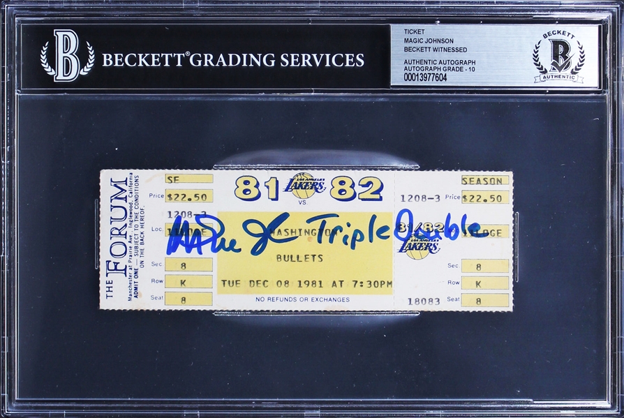 Magic Johnson Signed 12-8-81 Lakers vs Bullets Ticket with "Triple Double" Inscription & GEM MINT 10 Autograph (Beckett/BAS Encapsulated)