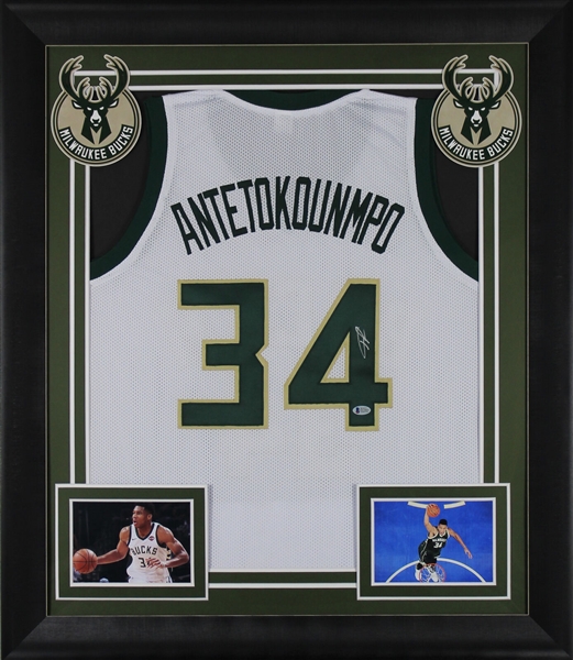 Giannis Antetokounmpo Signed Milwaukee Bucks Jersey in Custom Framed Display (Beckett/BAS Witnessed)