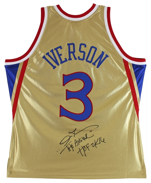 Allen Iverson Signed Philadelphia 76ers Mitchell & Ness Gold 75th Anniversary Jersey with HOF Insc. (Beckett/BAS Witnessed)