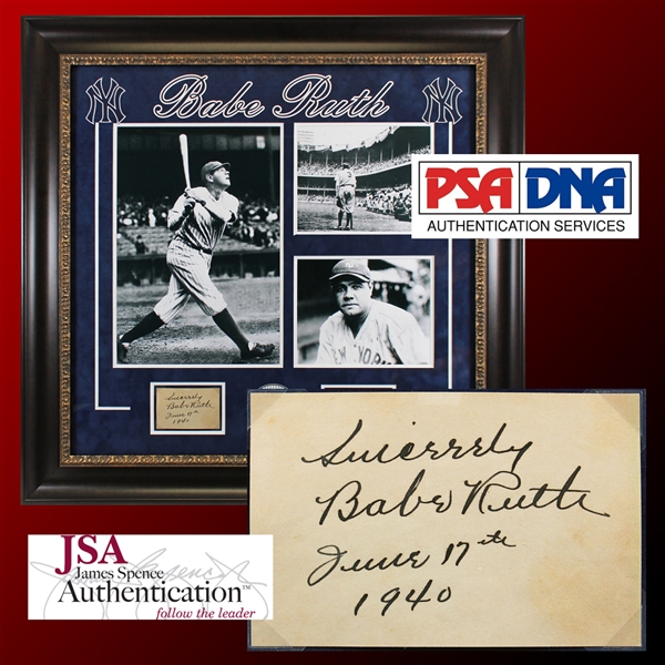 Babe Ruth Superly Signed Card in Custom Framed Display (PSA/DNA MINT 9 Auto & JSA LOA)