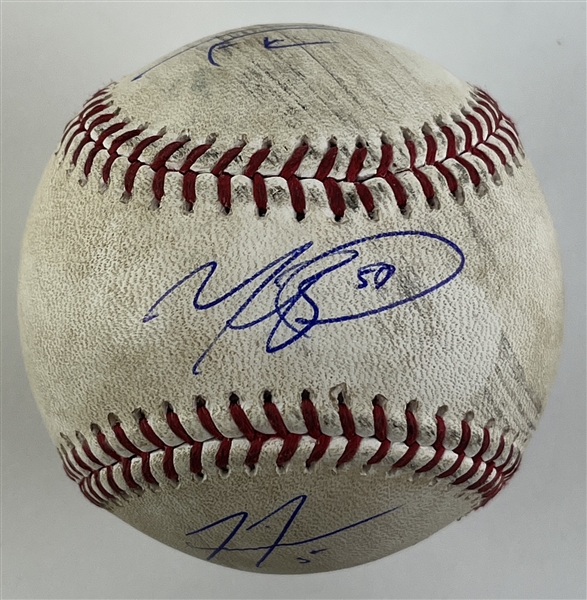 Mookie Betts, Freddie Freeman, & Trea Turner Triple Signed & Game Used 2022 OML Baseball :: Ball Pitched to All 3 Players! (PSA/DNA & MLB Hologram)