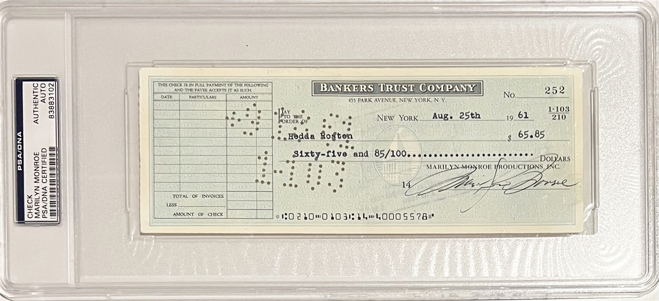 Marilyn Monroe Signed Business Bank Check To Friend Hedda Rosten with Superb Autograph (PSA/DNA Encapsulated)